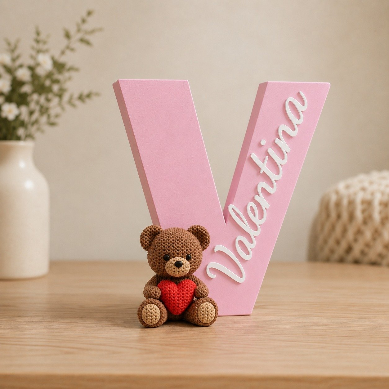 Letra V rosa personalizada com o nome Valentina e ursinho decorativo